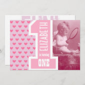 ファーストガールベビー誕生日アドフォトピンクハート 招待状 (正面/裏面)
