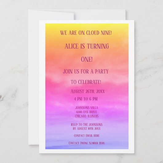 ファーストクラウドナイン誕生日パーティー1stピンクカラフル 招待状 (正面)