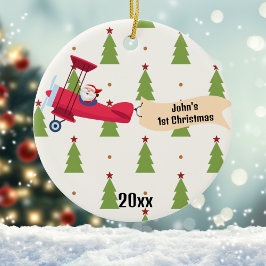 ファーストクリスマスの飛行機とサンタの木の少年カスタムデザイン セラミックオーナメント