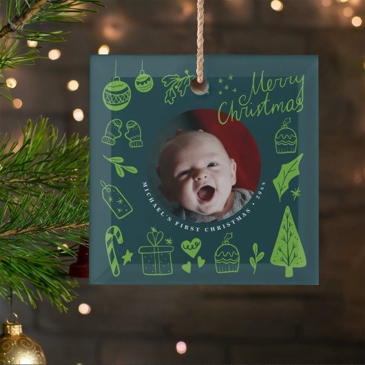 ファーストクリスマス 緑 かわいい手描きの落書き ガラスオーナメント
