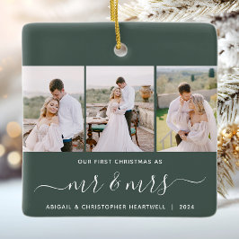 ファーストクリスマス Mr and Mrs 3枚の写真 スクリプト グリーン セラミックオーナメント