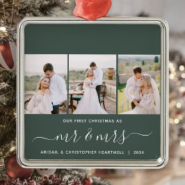 ファーストクリスマス Mr and Mrs 3枚の写真 スクリプト グリーン メタルオーナメント