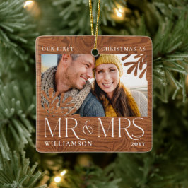 ファーストクリスマス Mr & Mrs カップル 写真 木目調 セラミックオーナメント