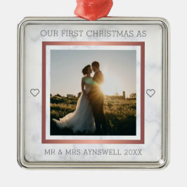 ファーストクリスマス Mr & Mrs 写真 エレガントな大理石 メタルオーナメント