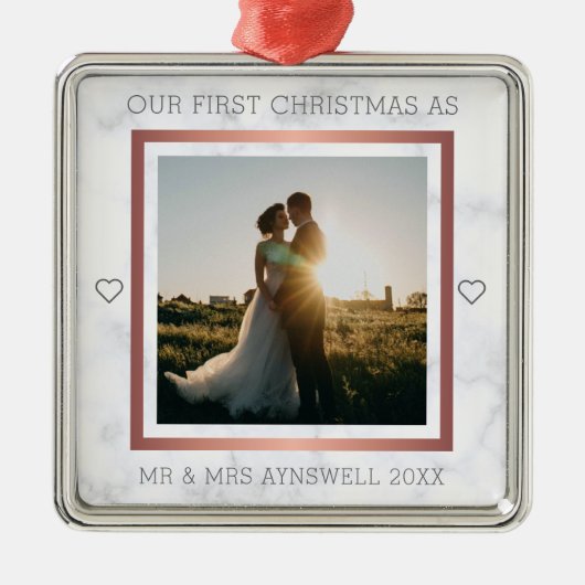 ファーストクリスマス Mr & Mrs 写真 エレガントな大理石 メタルオーナメント (正面)