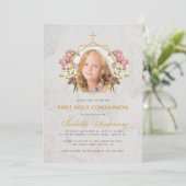 ファーストコミュニオンの少女の写真　ピンクのラン　大理石　ゴールド 招待状 (スタンド正面)