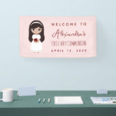 ファーストコミュニオンウェルカムブルネットガールピンクかわいい 横断幕 (トレードショー)