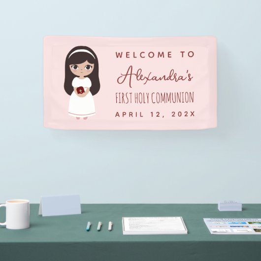 ファーストコミュニオンウェルカムブルネットガールピンクかわいい 横断幕 (トレードショー)