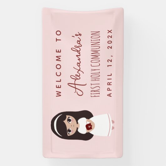 ファーストコミュニオンウェルカムブルネットガールピンクかわいい 横断幕 (縦)