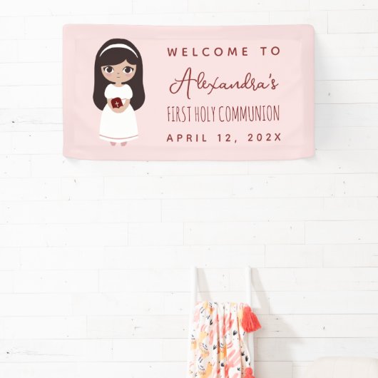 ファーストコミュニオンウェルカムブルネットガールピンクかわいい 横断幕 (インサイチュ)