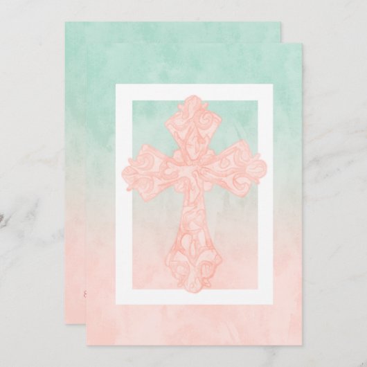 ファーストコミュニオンウォーターカラークロスピーチ&ミント 招待状 (正面/裏面)