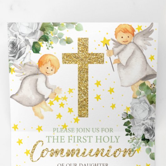 ファーストコミュニオンエンジェル男女兼用ズ金ゴールド 三つ折り招待状 (内部最初)