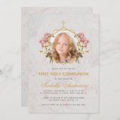 ファーストコミュニオンガールフォトピンクオーキッドマーブル金ゴールド 招待状 (正面/裏面)