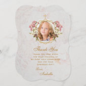 ファーストコミュニオンガール写真ピンクオーランズ金ゴールドクロス サンキューカード (正面/裏面)