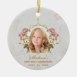 ファーストコミュニオンガール写真フローラピンクオーキッド金ゴールド セラミックオーナメント