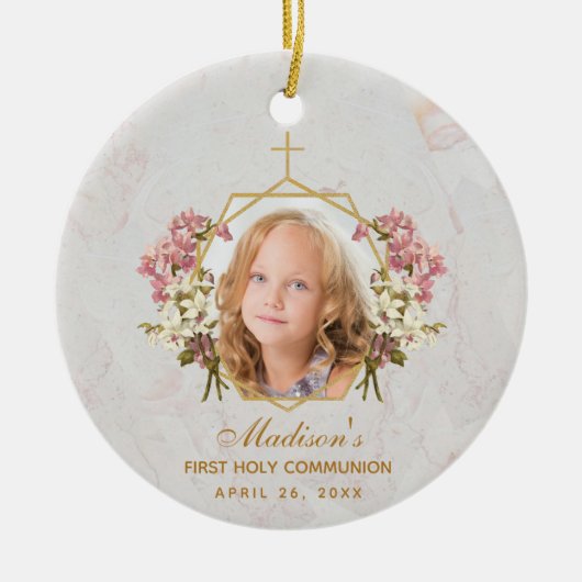 ファーストコミュニオンガール写真フローラピンクオーキッド金ゴールド セラミックオーナメント (正面)