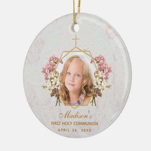 ファーストコミュニオンガール写真フローラピンクオーキッド金ゴールド セラミックオーナメント (左)