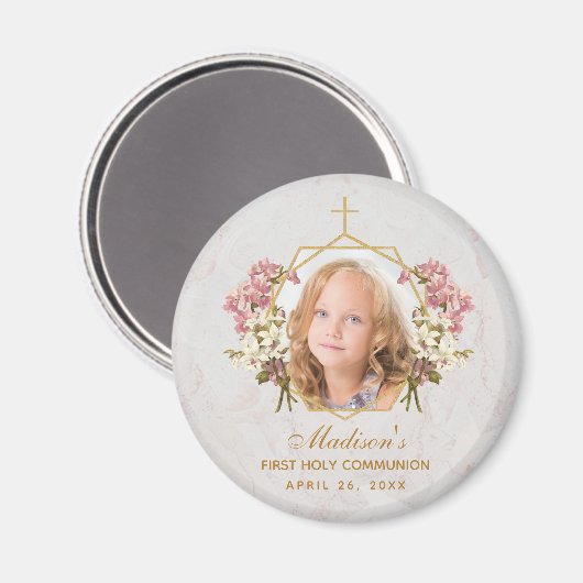 ファーストコミュニオンガール写真フローラ金ゴールドピンクオーキッド マグネット (正面/裏面)