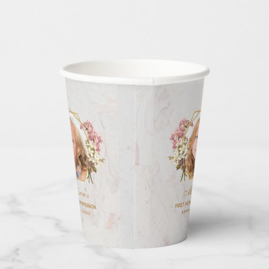 ファーストコミュニオンガール写真大理石ピンクオーキッド金ゴールド 紙コップ (右)