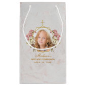 ファーストコミュニオンガール写真大理石金ゴールドピンクオーキッド スモールペーパーバッグ (裏面)