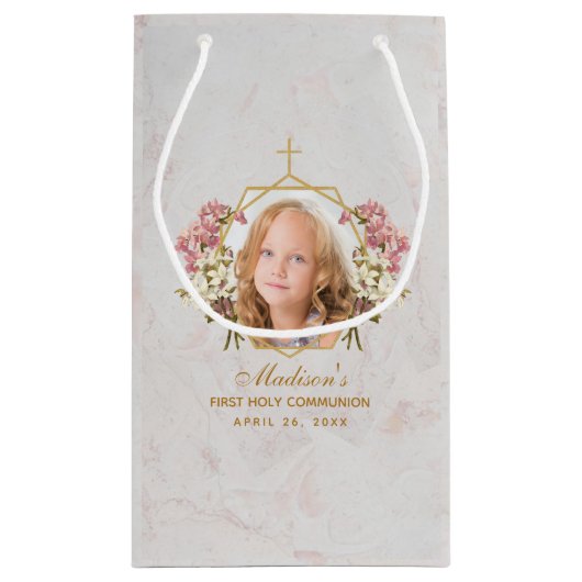 ファーストコミュニオンガール写真大理石金ゴールドピンクオーキッド スモールペーパーバッグ (裏面)