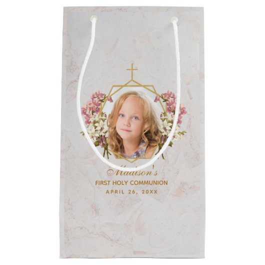 ファーストコミュニオンガール写真大理石金ゴールドピンクオーキッド スモールペーパーバッグ (正面)