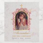 ファーストコミュニオンガール写真金ゴールドアーチピンクの蘭 ワインラベル (シングルラベル)