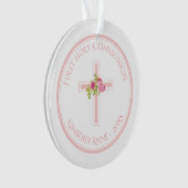 ファーストコミュニオンクロスピンクのバラの名モノグラムの前 オーナメント (正面)