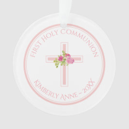 ファーストコミュニオンクロスピンクのバラの名モノグラムの前 オーナメント