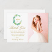 ファーストコミュニオングリーンリーリース金ゴールドクロスフォト サンキューカード (正面/裏面)
