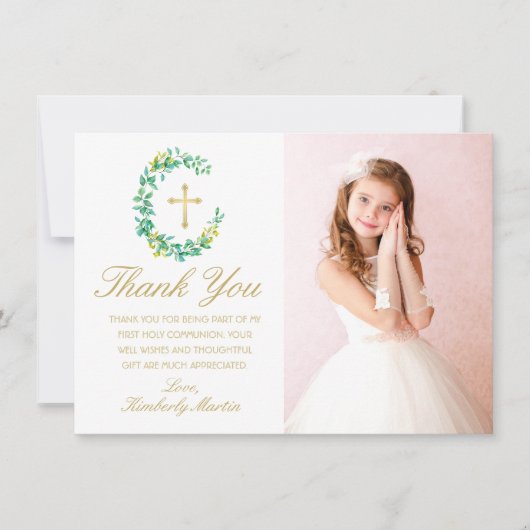 ファーストコミュニオングリーンリーリース金ゴールドクロスフォト サンキューカード (正面)