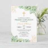ファーストコミュニオングリーン葉クロスプリメラコムニオ 招待状 (スタンド正面)