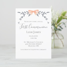 ファーストコミュニオンシルバー葉ピーチボウ 招待状