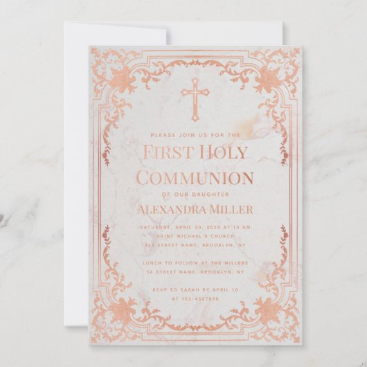 ファーストコミュニオンバラ金ゴールドエレガントヴィンテージ大理石 招待状 (正面)