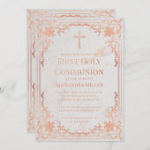 ファーストコミュニオンバラ金ゴールドエレガントヴィンテージ大理石 招待状 (正面/裏面)