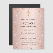 ファーストコミュニオンバラ金ゴールドグリッター贅沢 マグネット招待状 (正面/裏面)