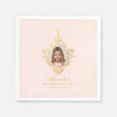 ファーストコミュニオンピンクの女の子の写真フェイク金ゴールドクロス スタンダードカクテルナプキン (正面)