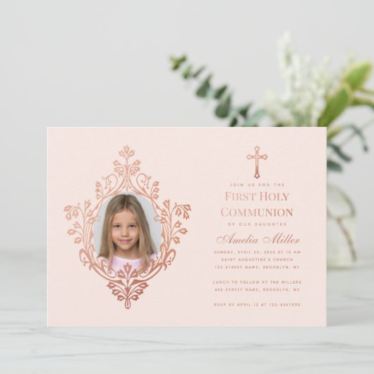 ファーストコミュニオンピンクガールフォトヴィンテージバラ金ゴールド 招待状 (スタンド正面)