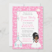 ファーストコミュニオンピンクフローラブラックヘアスキンガールI 招待状 (正面)