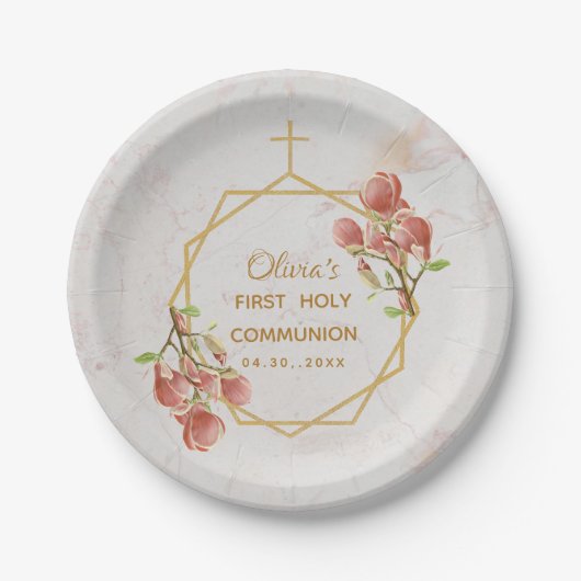 ファーストコミュニオンピンクマグノリアマーブル金ゴールドフローラ ペーパープレート (正面)