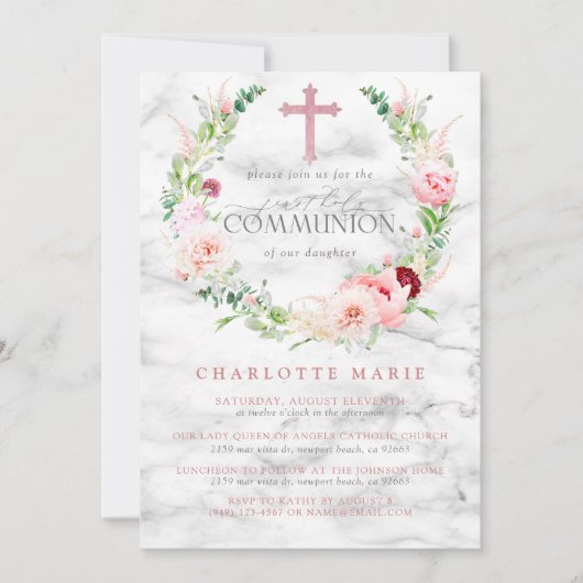 ファーストコミュニオンピンクローズローズマーブルクロスガール 招待状 (正面)