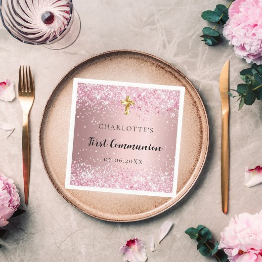 ファーストコミュニオンピンク紙吹雪名ガール スタンダードカクテルナプキン