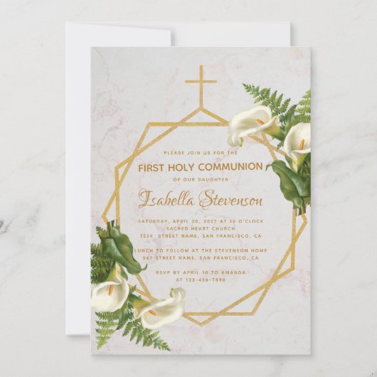 ファーストコミュニオンフローラ金ゴールドマーブルカラリリー 招待状 (正面)