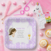 ファーストコミュニオンブルネットガールパープルダマスク ペーパープレート (パーティー)