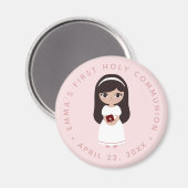 ファーストコミュニオンブルネットガールピンクかわいいカトリック マグネット (正面/裏面)