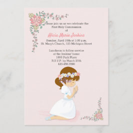 ファーストコミュニオンブルネットガールピンク招待状 招待状