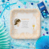 ファーストコミュニオンブルネットガールピーチダマスク ペーパープレート (パーティー)