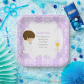 ファーストコミュニオンブルネットボーパープルダマスク ペーパープレート (パーティー)