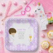 ファーストコミュニオンブルネットボーパープルダマスク ペーパープレート (パーティー)