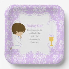 ファーストコミュニオンブルネットボーパープルダマスク ペーパープレート
